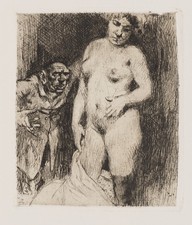 P. PAEDE (1868-1929), Akt und Beobachter, um 1920, Radierung Jugendstil Akt