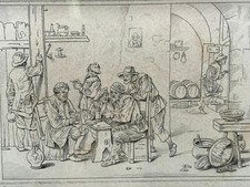 ANTIKE LITHOGRAPHIE GERAHMT KARTENSPIELER