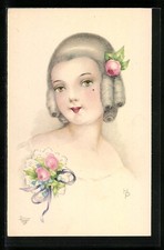 Künstler-AK Hannes Petersen: Frau mit Barock-Perücke und Blumen 