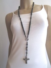 Designer Hals Kette lang Perlen Schwarz Silber Strass Kreuz Rosenkranz Edelstahl