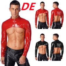 DE iiniim Herren Lackleder Jacke Wetlook Crop Top Bauchfrei Leder Schulterjacke