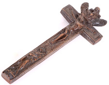 Antikes Reliquienkreuz Schiebekreuz handgeschnitzt mit Emailkreuz Barock um 1700