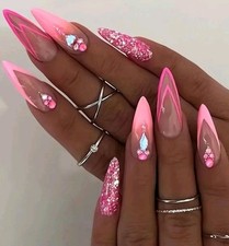 🌺Kunstnägel Rosa Steine Selbstklebend 24Stück Nails künstliche Fingernäge Set🌺