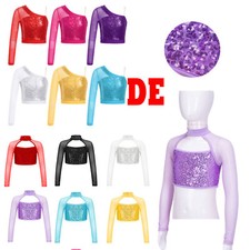 Mädchen Pailletten Oberteil Glitzer Shirt Mesh Patchwork Tanz Top Tanz T-Shirt