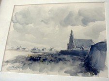 Aquarell auf Bütten Kirche Küste Boot Strand Häuser Blatt in Conzen Rahmen