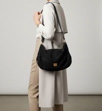 Studio Pollini Damen Schwarz Gewebter Stoff Leder Hobo Bag Gold Hardware Italien