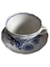 Hutschenreuther Teetasse mit Untertasse Porzellan Weiß Blau Zwiebelmuster