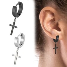 Creole mit Kreuz Anhänger Klappcreole Ohrring Charm Edelstahl schwarz silber 