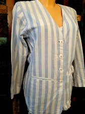 s323 LEINEN M 38 L 40 Jacke Weiss Blau Streifen Jacket Blazer Gehrock Weste Dame