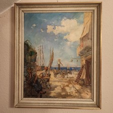Ölgemälde signiert 50x40cm - Hafen Szene Italien - Hartfaserplatte, 50er/60er