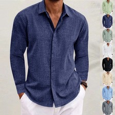 Herren Hemd Freizeit Oberhemd Langarm Leinenhemd Longsleeve Shirt Bluse Tops SML