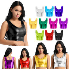 Damen Glänzende Tops Wetlook T-Shirt Bauchfrei Oberteile Slim Fit Crop Top Weste