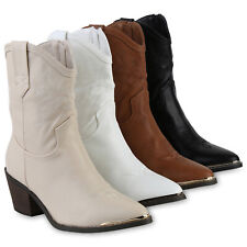 Damen Cowboy Boots Stiefeletten Stickereien Holzoptikabsatz 839934 Schuhe 