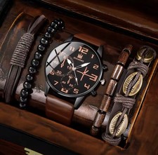 5PCS Set Mode Herren Sport Armband Uhren Für Männer Retro Große Zifferblatt Quar