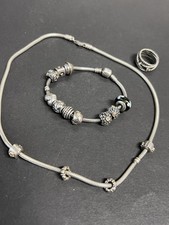 Pandora Silberschmuck Set Konvolut / Colier + Armband + Ring / mit Gold Elemente