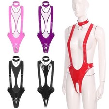 DE Damen glänzender Lackleder Bodysuit mit offenem Schritt Sling Trikot Clubwear