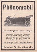 Phänomobil Dreirad - Wagen Phänomen - Werke Zittau  / Sa. Anzeige von 1913