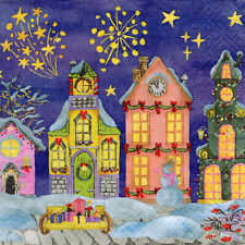 3 Servietten ~ Weihnachten, Winter, Dorf, Häuser, Schneemann, Feuerwerk ~ 33x33