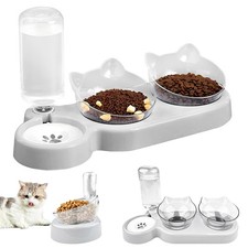 Futterstation mit 2 Näpfen 200ml und 500ml Wasserflasche für Katzen Hunde Grau