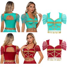 DE Damen Bauchtanz Kostüm Oberteil Münzen Schulterfrei Tunika Shirts Belly Dance