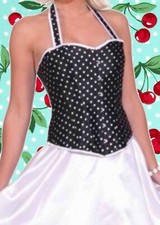 380✪ rockabilly 50er 60er Jahre Corsage Karo schwarz weiss mit Punkten dots Gr S