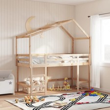 Hochbett mit Leiter und Dach Spielbett für Kinderzimmer Holzbett Einzelbett Neu