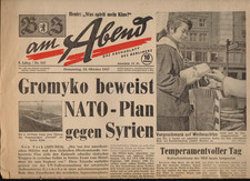 DDR-Zeitung BZ AM ABEND vom 24.10.1957 mit Schlagzeile zum Syrien-Krieg der NATO