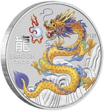 1 OZ Silber Lunar 3 Drache 2024 mit Farbapplikation Gelb Yellow Dragon color