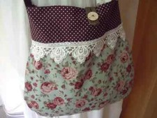 Beuteltasche Shopper Mintgrün Barocke Rosen Blumen Spitzenborte Canvas Khaki