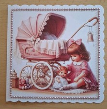 3D-Grusskarte °Mädchen mit Puppenwagen° Geburtstag Handarbeit NEU