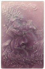 AK Weihnachten, Prägekarte, Weihnachtsmann auf Pferd mit Geschenke, Tannenbaum