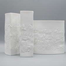 Hutschenreuther Bisque Porcelain Vase Trio Fine White Matte Abstract Relief MCM