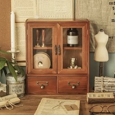 Vitrine Mini Holz Schubladen Glastüren Schränkchen Regal Sammlerregal Vintage