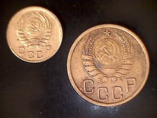 Rußland 1 + 3 Kopeken 1939 + 1937 - Wappen - Alu/Bronze.