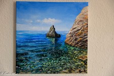 Acrylbild.Handgemalt. Leinwand.ungerahmt. Küste und Felsen. 40x40cm. unikat.