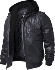 Lederjacke Herren Schwarz L mit abnehmbarer Kapuze (Echtes Leder) NEU