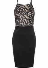 Damen Kleid schwarz mit Applikation beige Lederimitat Größe 32 bis 46 neu 426