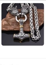 Nordische Wikinger Halskette mit Wolfskopf Mjolnir Anhänger G-Silber Thor Hammer