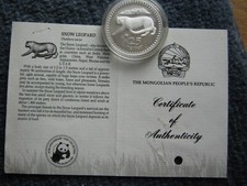 Mongolia 1987, WWF Snow Leopard, 25 Tugrik 28,28g Silber Proof, COA (01136)