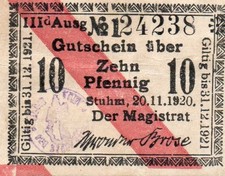 10  Pfennig Banknoten Notgeld Stadt Stuhm  1920