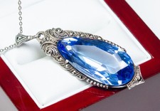835 Silber - antiker großer Art Deco Anhänger - blaues Glas - Markasite