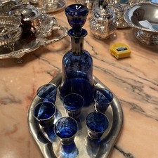 Likör Liqueur Service antik 7-teilig blau mit Tablett