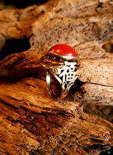 Gold Ring 14k 585er Gelbgold Korallen Cabochon & chinesisches Zeichen für Glück