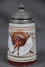 Bierkrug Porzellan bemalt Landsknecht Trinker Spruch verziert um 1900 historisch