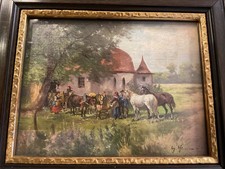 Altes Gemälde Öl / Holz: Georg Hemmrich, Ländliche Szene, Pferde, Pferdekutsche