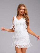 DE iEFiEL Damen Glitzer Latein Tanzkleid Fransen U-Ausschnitt Salsa Tanzkostüm