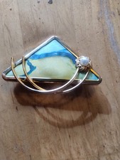 Brosche Seidenmalerei Gelb Blau Grün 24 Karat Vergoldet Handarbeit NEU