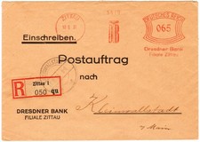 Freistempel "Dresdner Bank Zittau" auf Postauftrag, 1931. Gute Erhaltung.