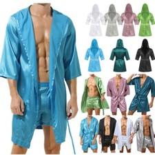 DE Herren Glanz Satin Bademantel Leichte Kapuze Morgenmantel Kimono Nachtwäsche