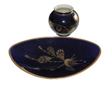 Echt Kobalt Blau Porzellan-Vase von Lindner und Schale-Karafina